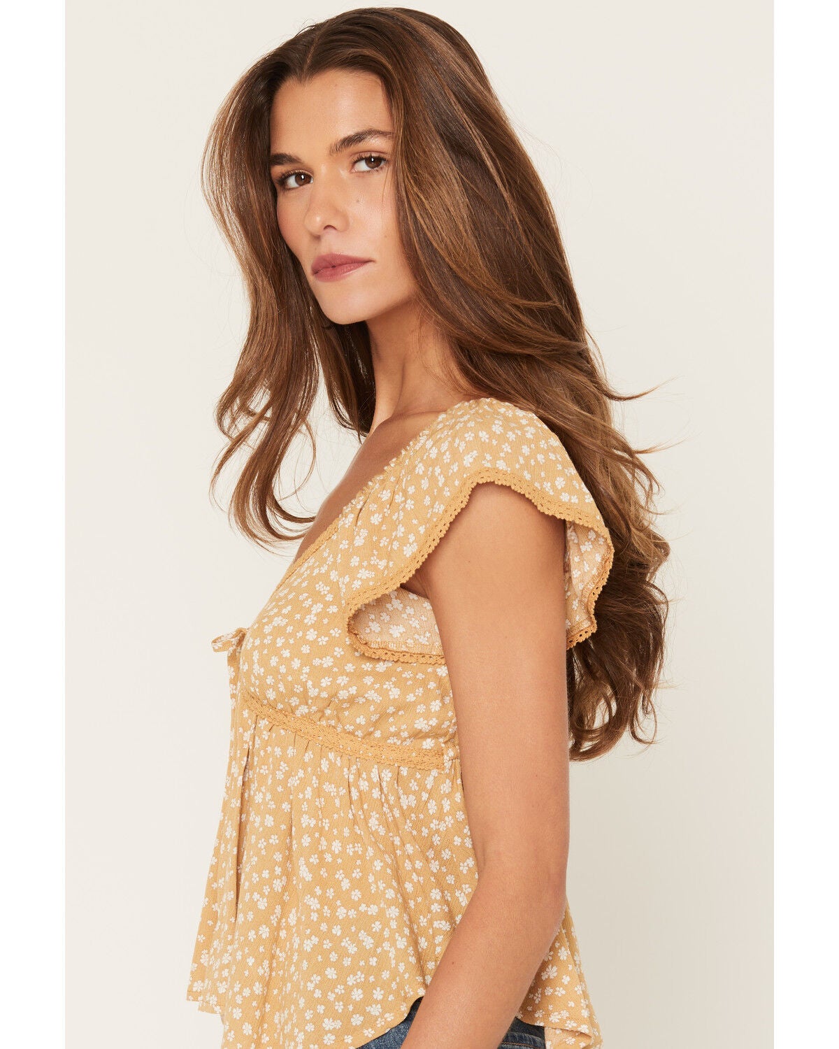 Image #2 - Wild Moss Women's Floral Print Hanky Hem Short Sleeve Top, Mustard, hi-res