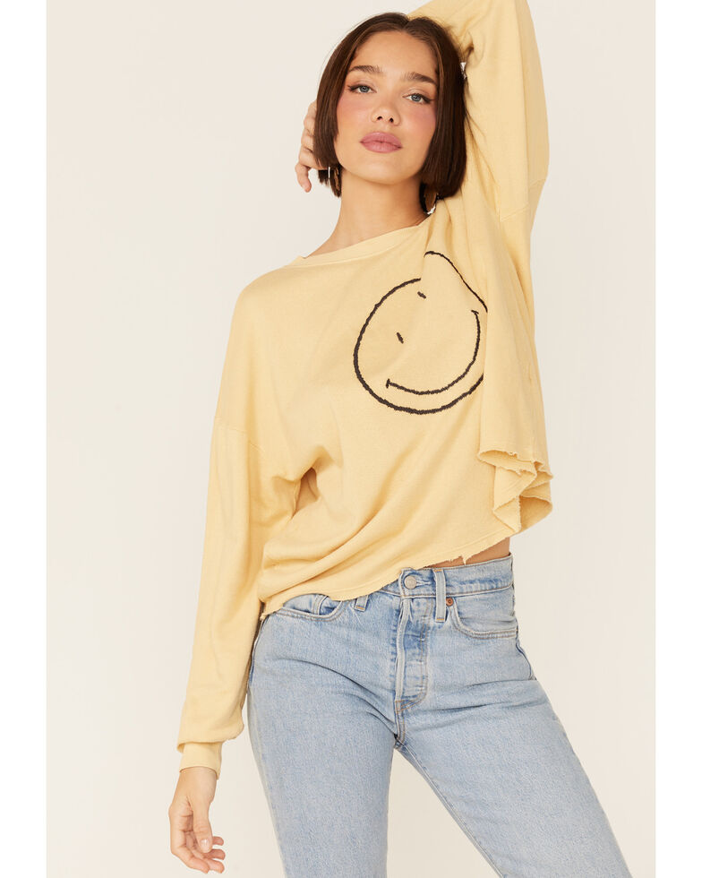 By Together Women's Light Yellow Smily Face Graphic Long Sleeve Top, Yellow, hi-res