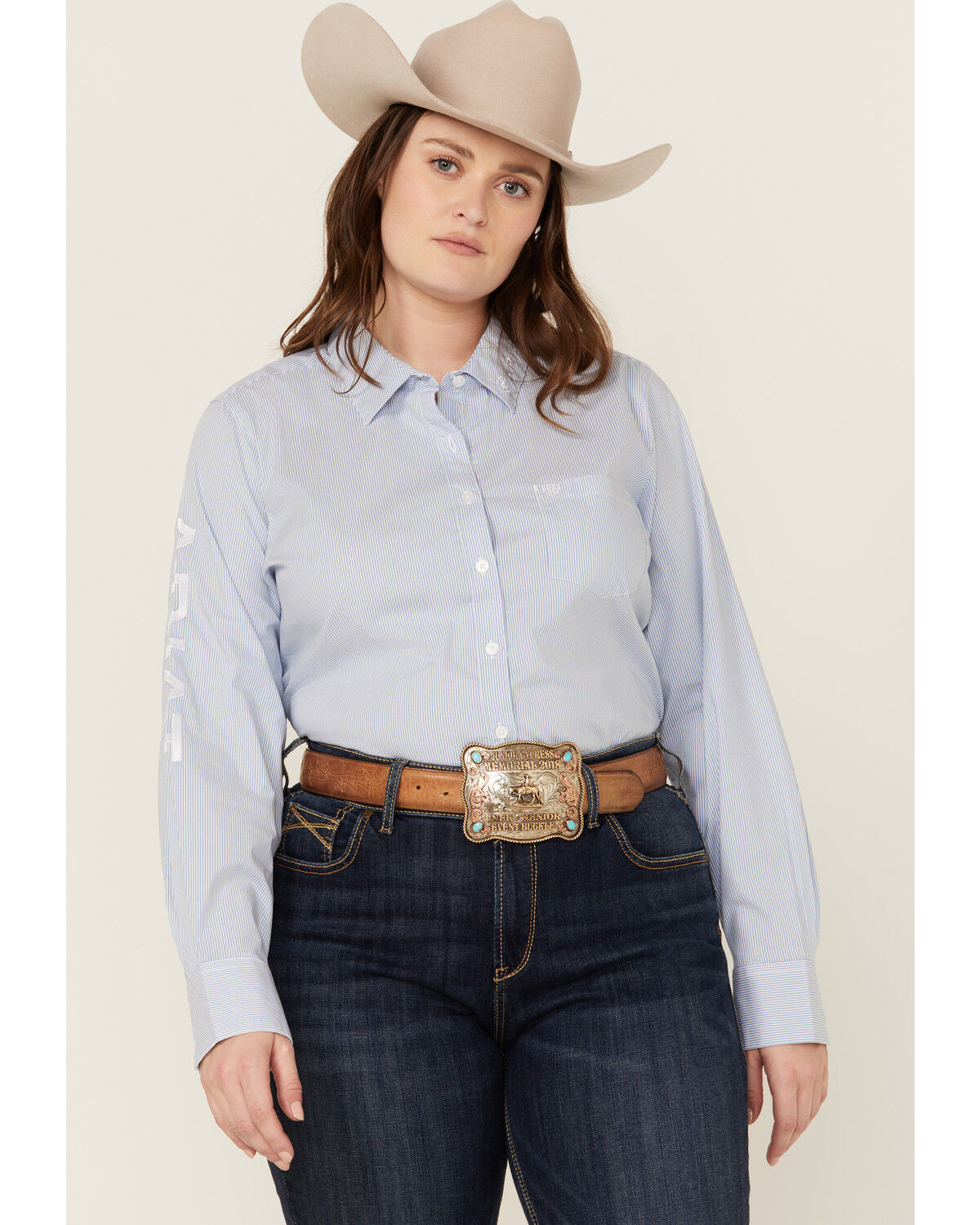 Image #1 - Ariat Women's Striped Team Kirby Long Sleeve Button-Down Stretch Western Shirt - Plus, Blue, hi-res