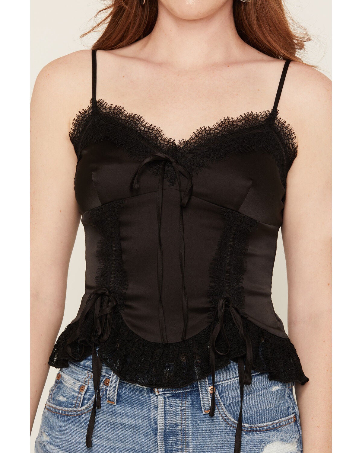 Image #3 - Miss Me Women's Lace Trim Bow Cami, Black, hi-res
