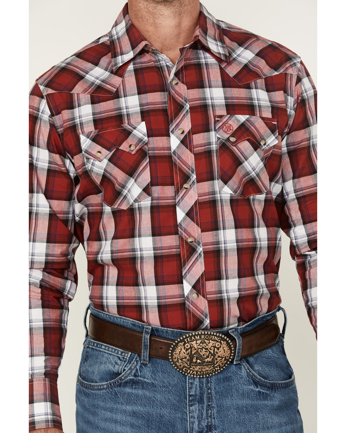 Image #3 - Wrangler Retro Men's Plaid Print Long Sleeve Snap Western Shirt, Burgundy, hi-res