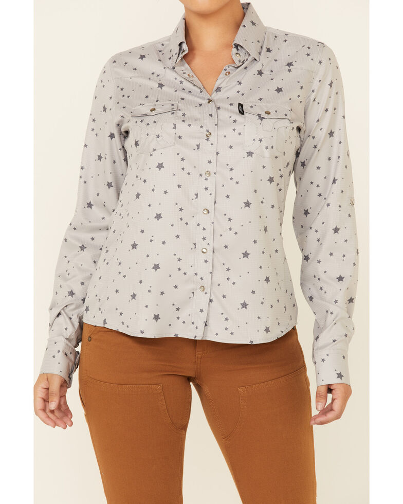 HOOey Women's Grey Star Print Habitat Sol Lightweight Long Sleeve Snap Western Core Shirt , Grey, hi-res