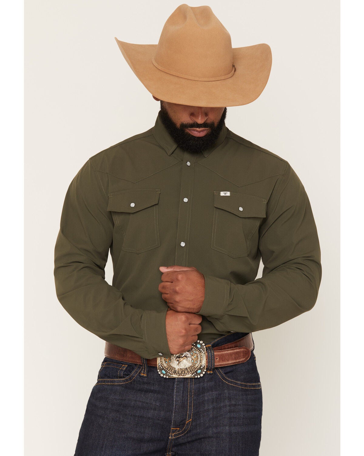 Image #1 - Ferrell Men's Tek Solid Short Sleeve Pearl Snap Stretch Performance Western Shirt, Olive, hi-res