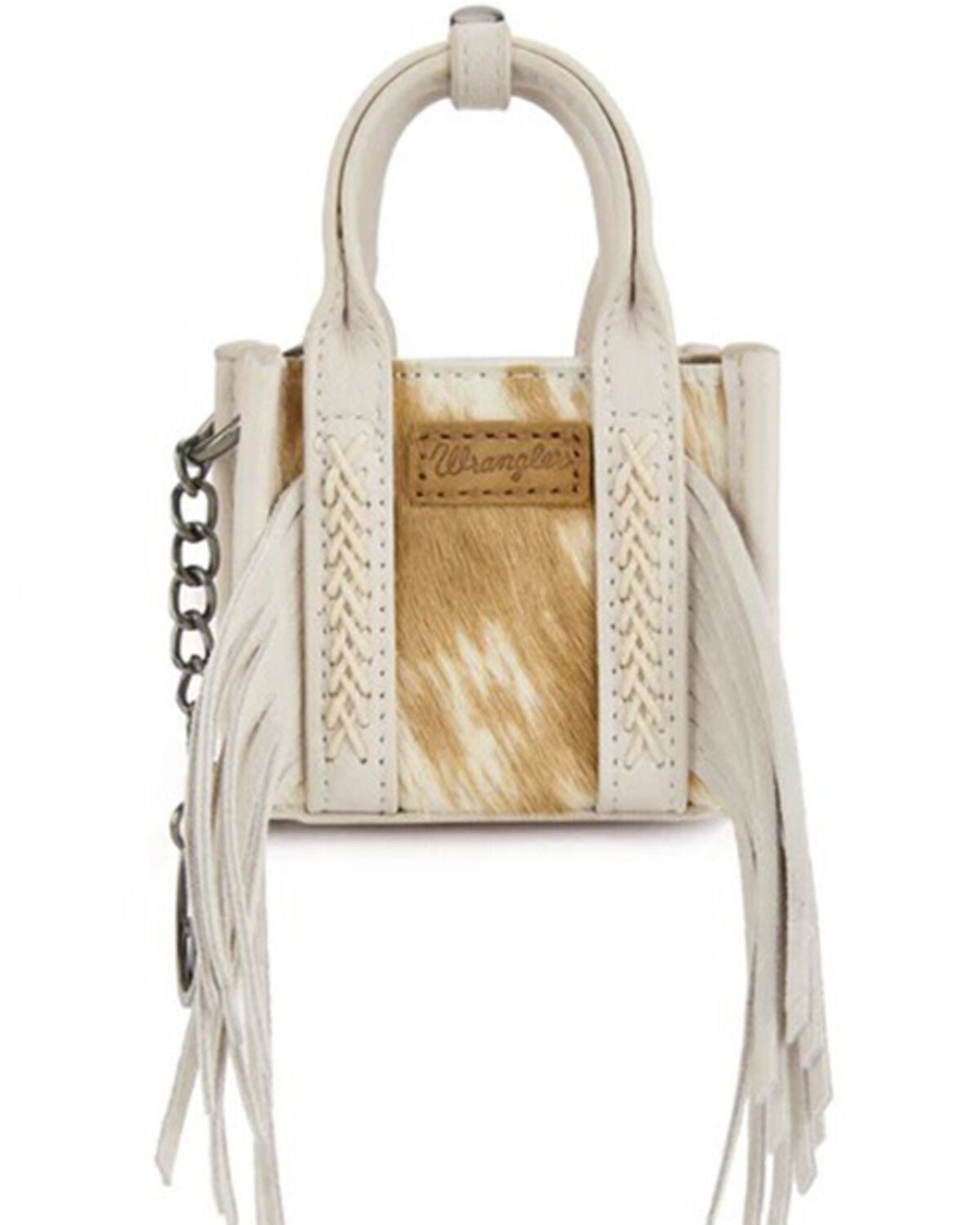 Image #4 - Wrangler Cowhide Mini Fringe Tote Keychain, Beige, hi-res