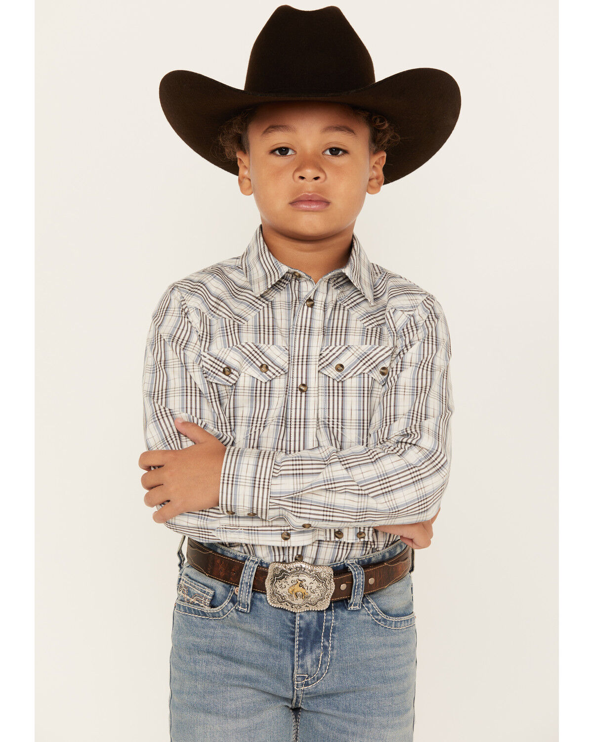 Image #1 - Cody James Boys' Plaid Print Long Sleeve Snap Western Shirt, White, hi-res