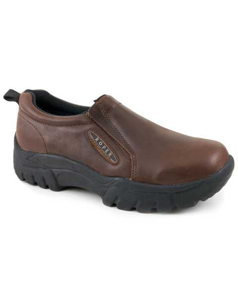 Image #1 - Roper Performance Smooth Leather Slip-On Shoes - Round Toe, Brown, hi-res