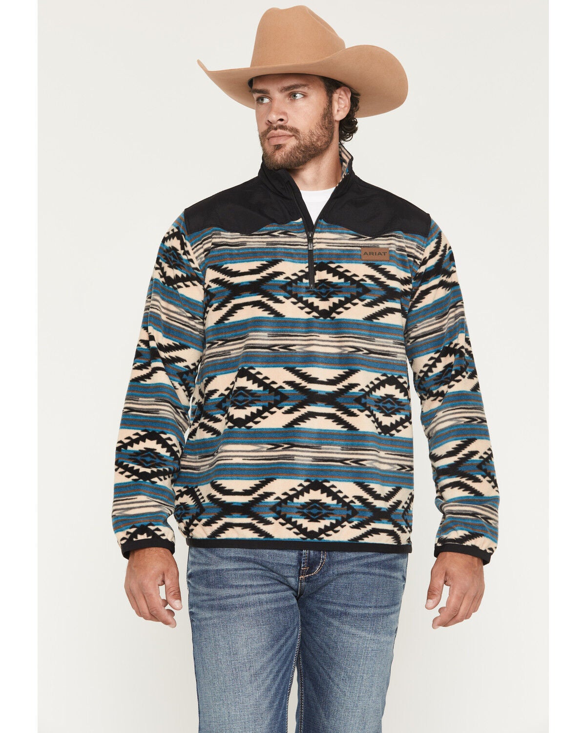 Image #1 - Ariat Men's Basis Southwest 1/4 Zip-Up Fleece Pullover, Teal, hi-res