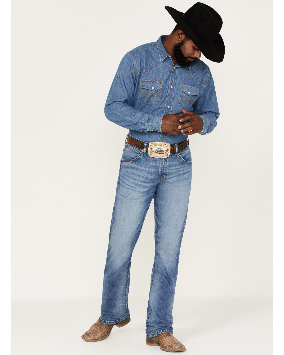 Image #1 - Wrangler Retro Men's Llano Light Medium Wash Stretch Slim Bootcut Jeans, Light Medium Wash, hi-res