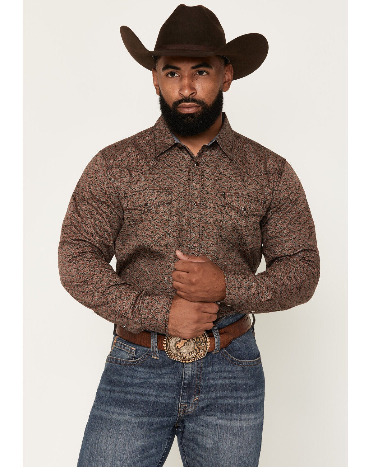 Image #1 - Cody James Men's Fireball Geo Print Long Sleeve Snap Western Shirt - Tall, Brown, hi-res