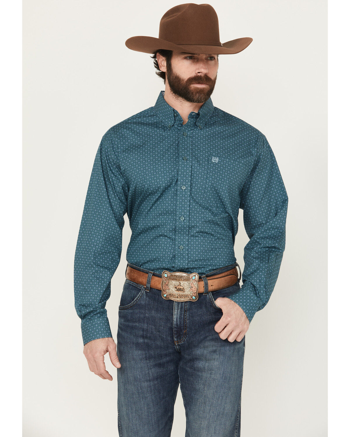Image #1 - Cinch Men's Geo Print Long Sleeve Button-Down Western Shirt, Green, hi-res