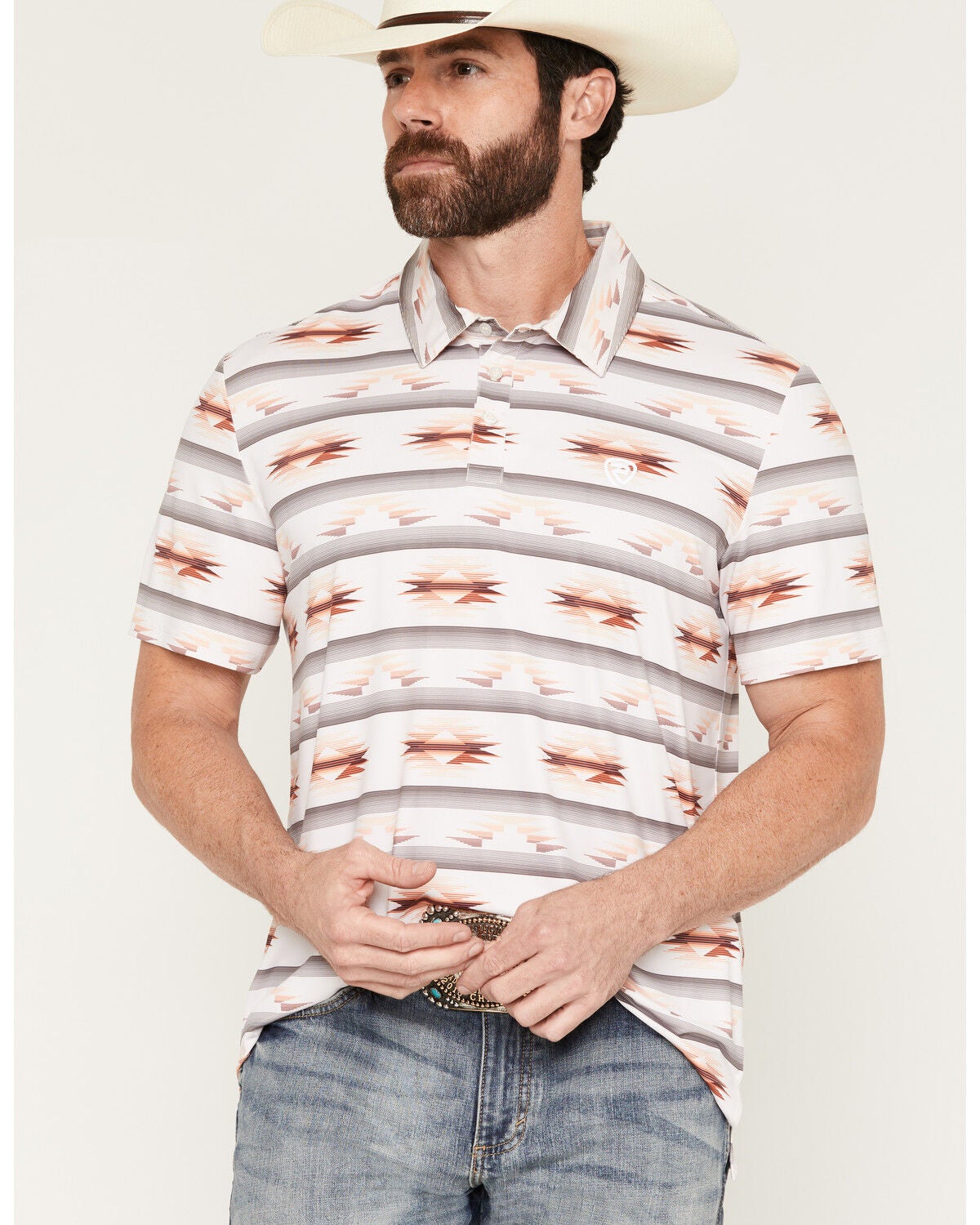 Image #1 - Rock & Roll Denim Men's Southwestern Striped Print Short Sleeve Button-Down Stretch Polo Shirt, Natural, hi-res