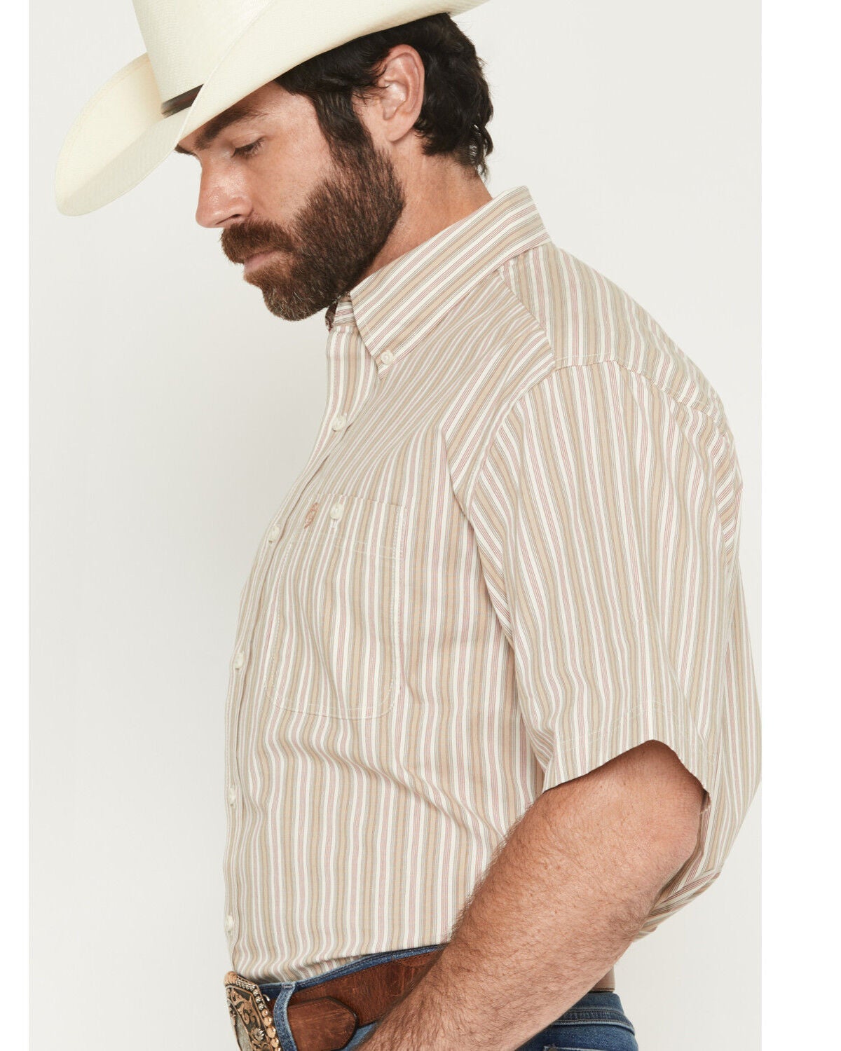 Image #2 - George Strait by Wrangler Men's Striped Short Sleeve Button-Down Stretch Western Shirt - Tall, Tan, hi-res