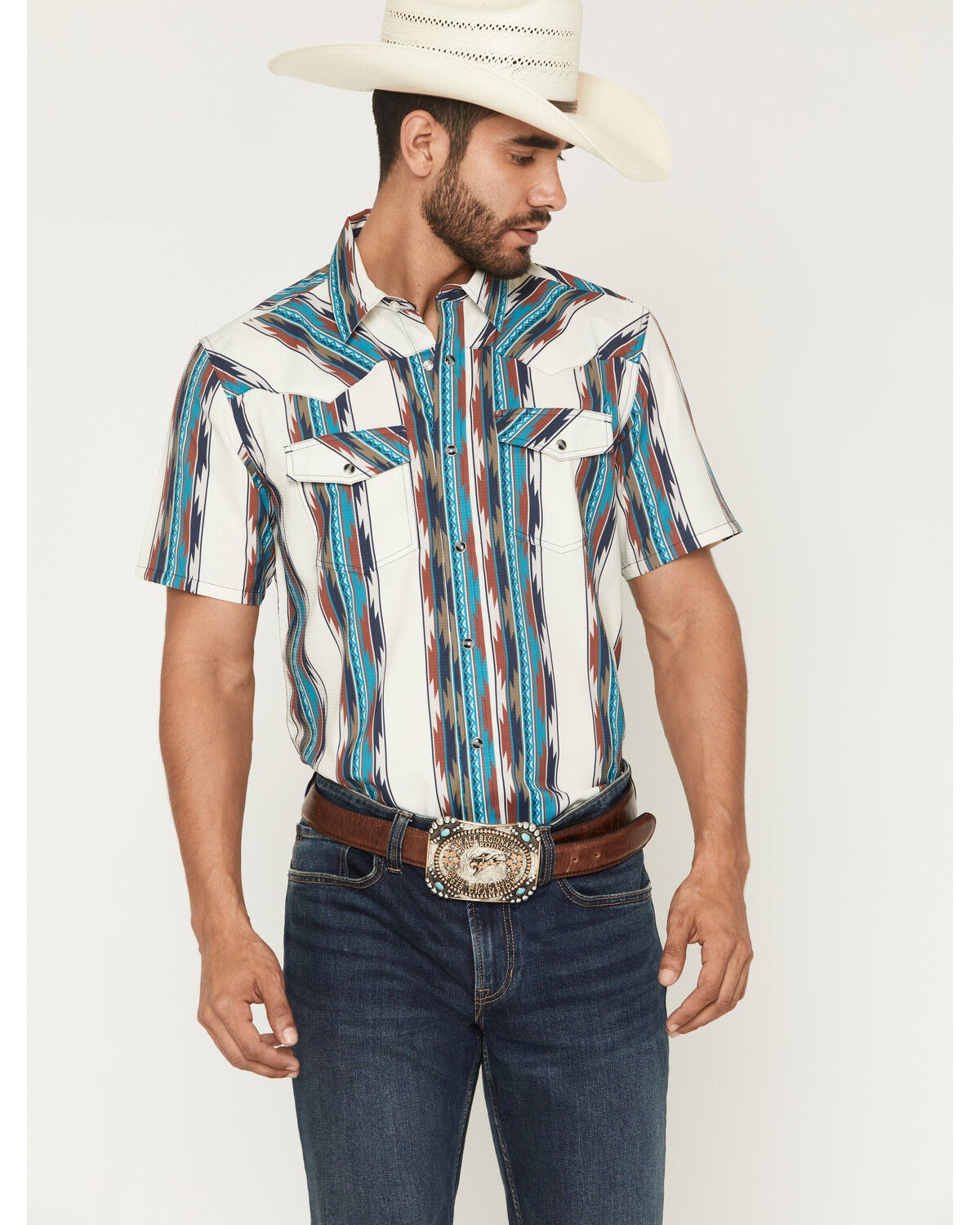 Image #1 - RANK 45&reg; Men's Guadalajara Southwestern Striped Short Sleeve Snap Performance Western Shirt, Multi, hi-res