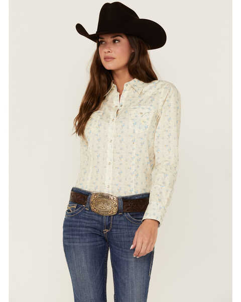 Roper Women's Floral Print Long Sleeve Snap Western Shirt, Cream, hi-res