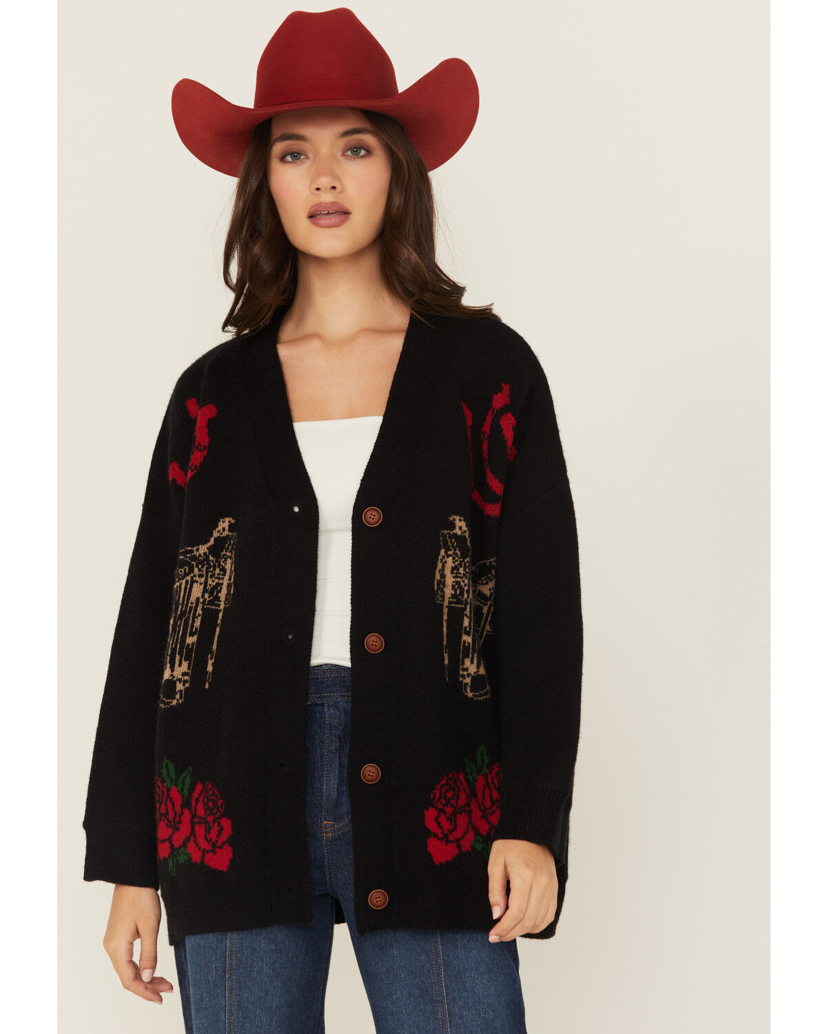 Image #1 - Rodeo Quincy Women's Horse Rose Cardigan, Black, hi-res