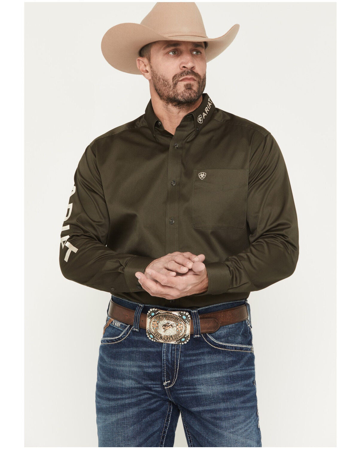 Ariat Men's Logo Solid Twill Long Sleeve Button-Down Western Shirt - Tall, Olive, hi-res