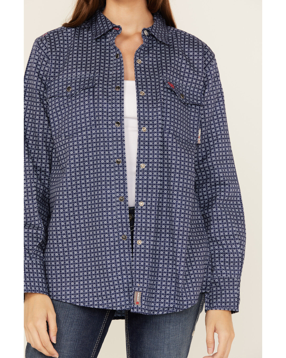 Image #3 - Ariat Women's FR Beverly Geo Print Long Sleeve Snap Work Shirt, Navy, hi-res