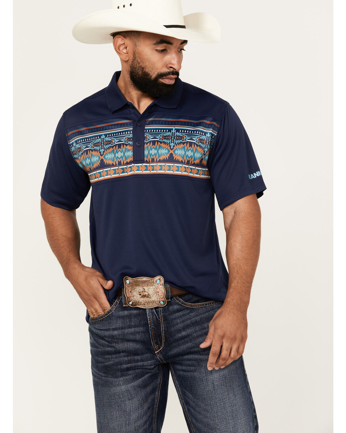 Image #1 - RANK 45® Men's Knao Border Print Short Sleeve Polo Shirt, Dark Blue, hi-res