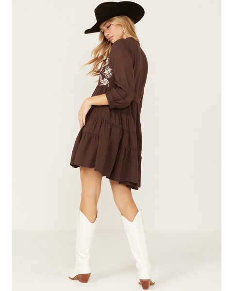 Image #4 - Stetson Women's Floral Embroidered Long Sleeve Tiered Mini Dress , Brown, hi-res
