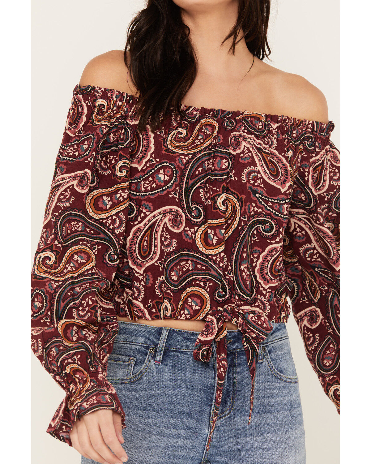 Image #3 - Wrangler Retro Women's Off The Shoulder Cropped Blouse, Burgundy, hi-res