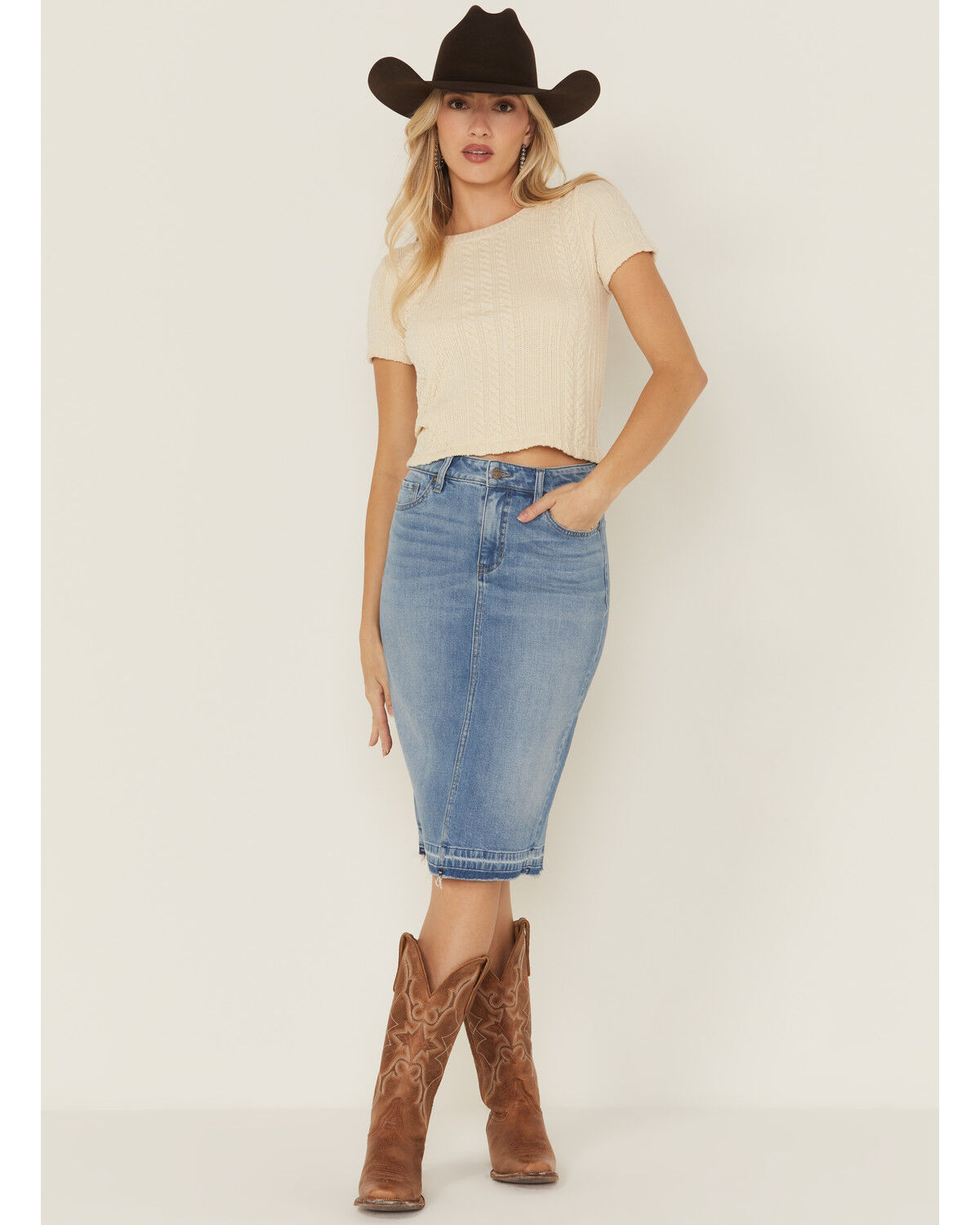 Image #1 - Shyanne Women's Ontario Light Wash Midi Stretch Denim Skirt, Light Wash, hi-res