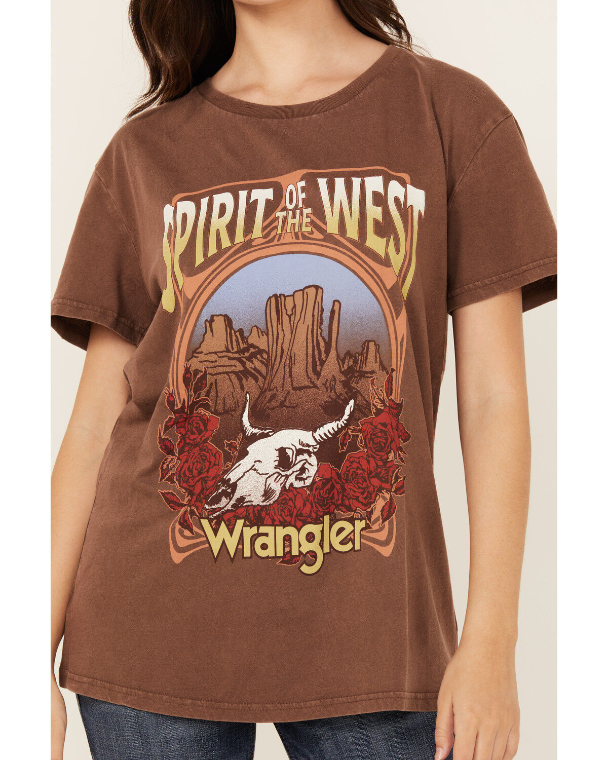 Image #3 - Wrangler Women's Boot Barn Exclusive Spirit of the West Short Sleeve Graphic Tee, Brown, hi-res
