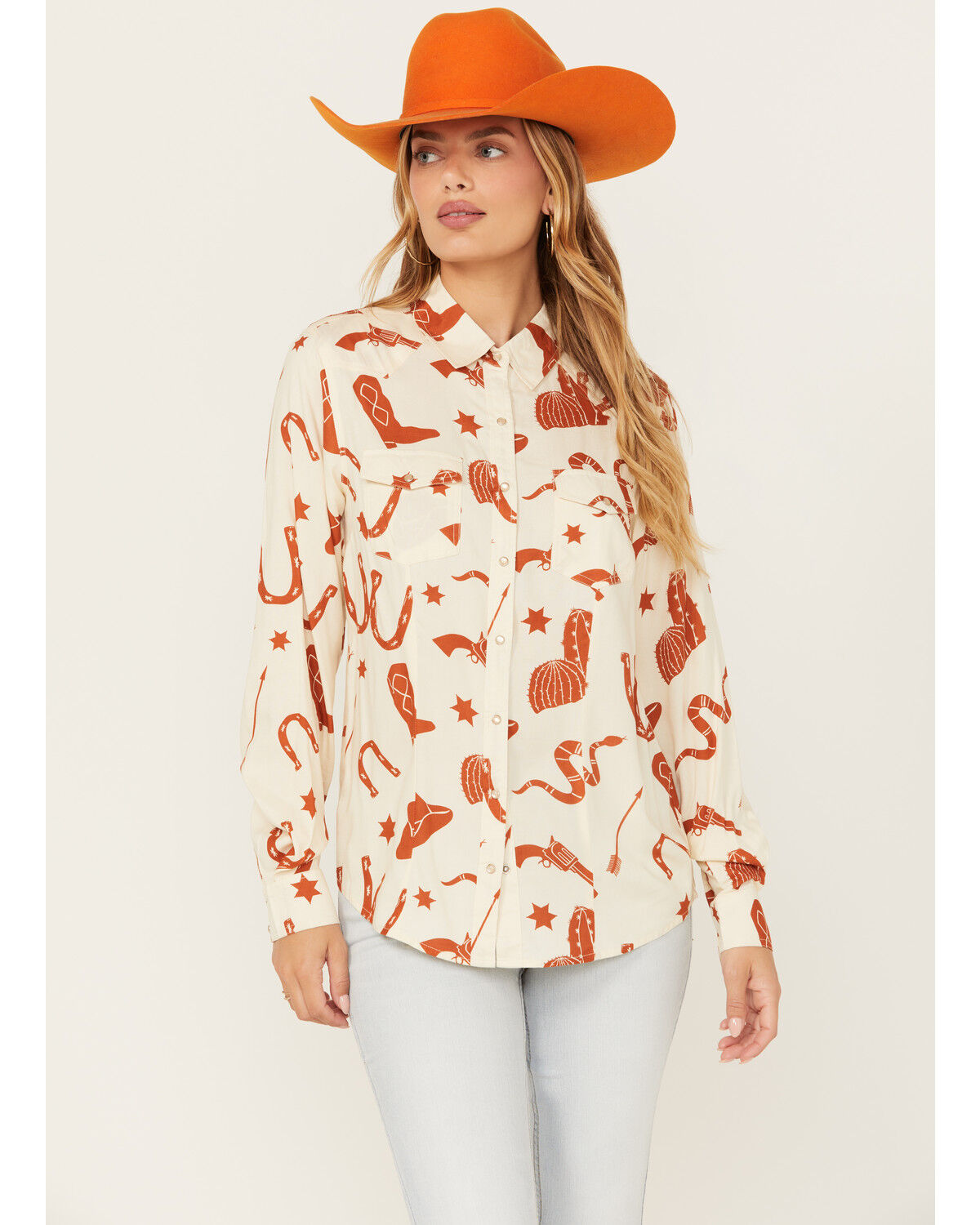 Image #1 - Cotton & Rye Women's Snake and Boot Conversation Print Long Sleeve Pearl Snap Western Shirt, Cream, hi-res