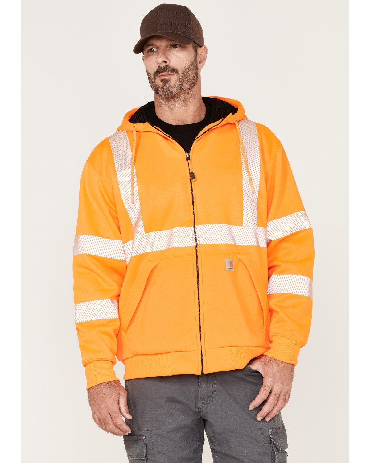 Carhartt Men's Hi-Vis Brite Orange Loose Fit Thermal Full-Zip Hooded Work Sweatshirt, Bright Orange, hi-res