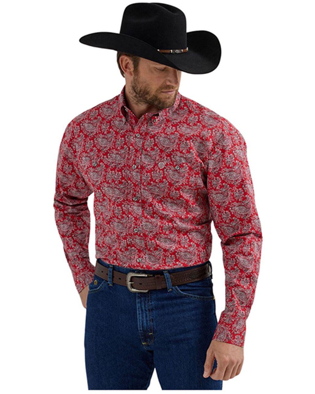 Image #1 - George Strait by Wrangler Men's Paisley Print Long Sleeve Button-Down Stretch Western Shirt - Tall, Red, hi-res