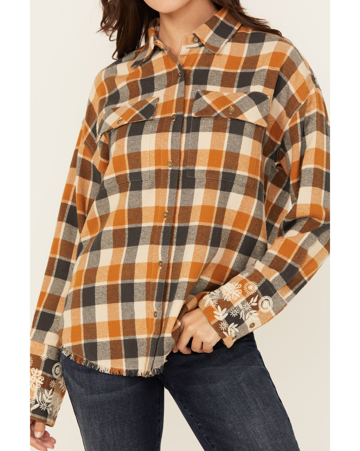 Image #3 - Cleo + Wolf Women's Christian Plaid Print Embroidered Long Sleeve Button-Down Western Shirt, Caramel, hi-res