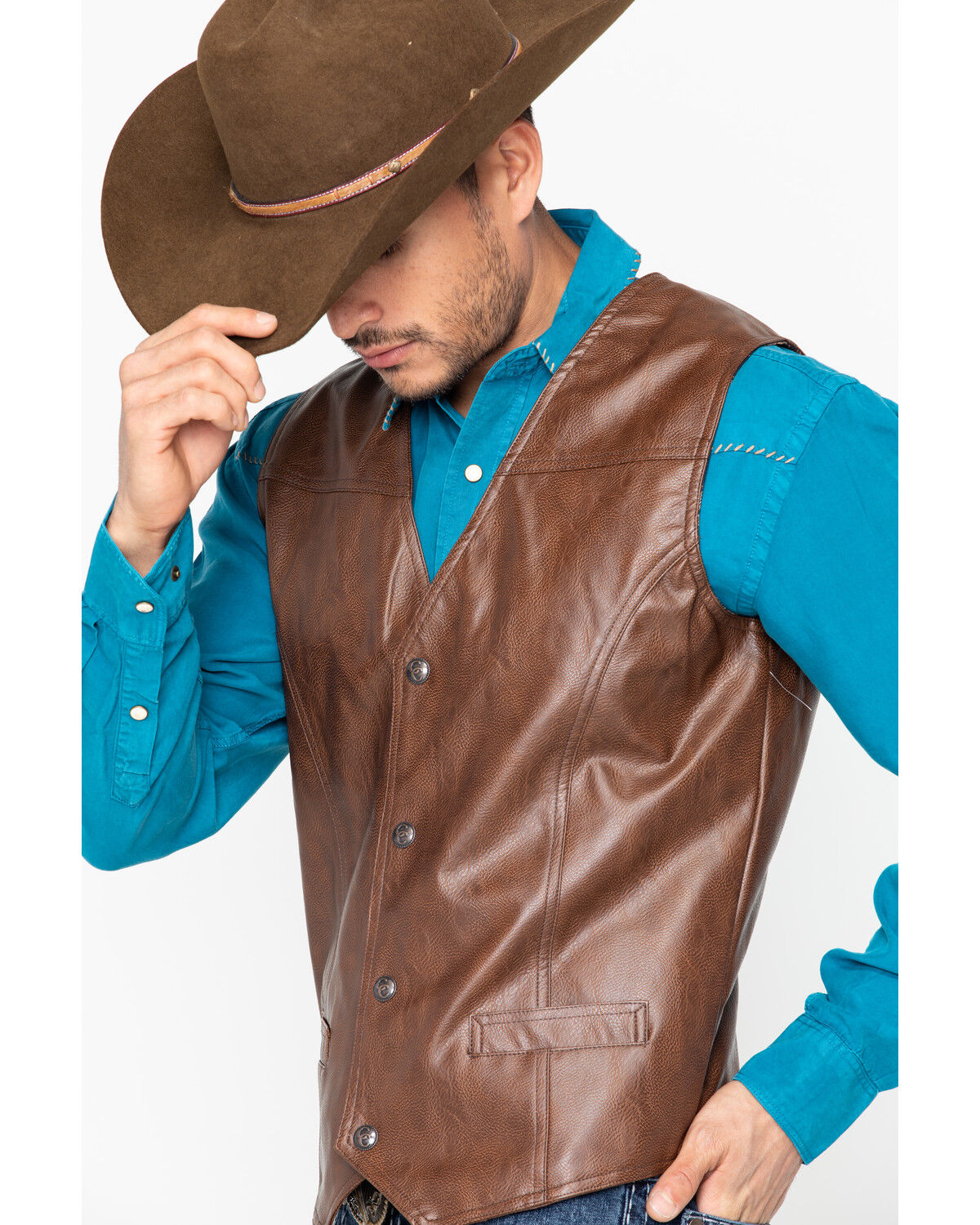 Image #8 - Cripple Creek Men's Whiskey Brown Faux Leather Vest, Med Brown, hi-res