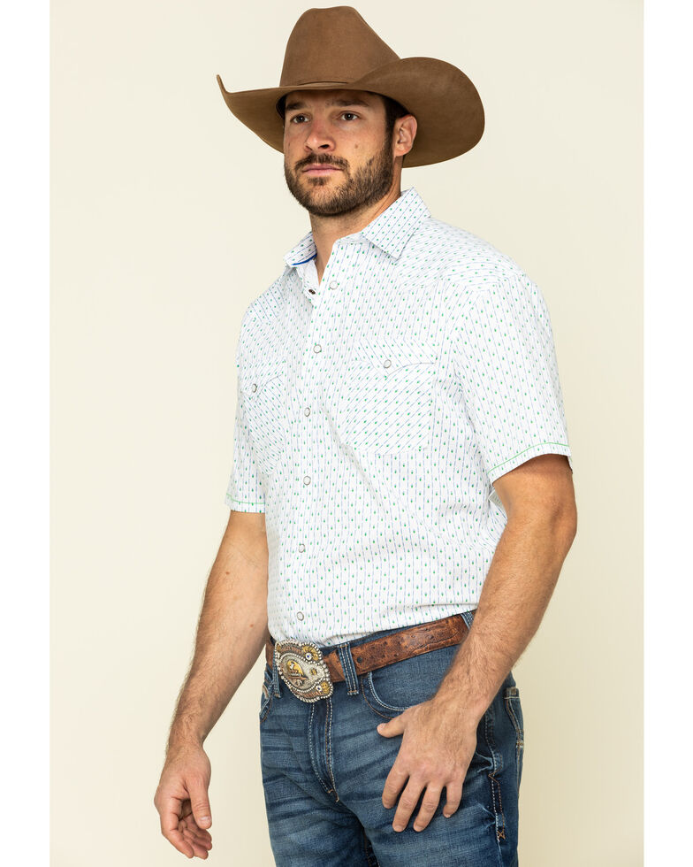 Rough Stock By Panhandle Men's Loudon Striped Geo Print Short Sleeve Snap Western Shirt , White, hi-res