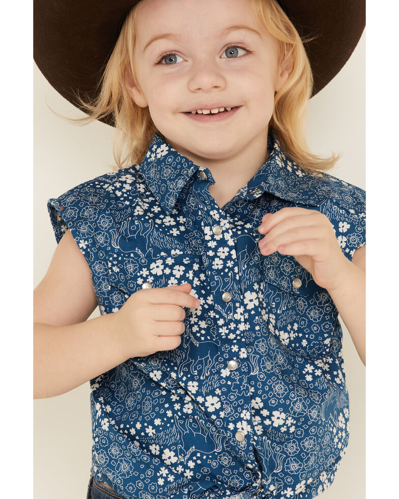 Shyanne Toddler Girls' Ditsy Floral Print Tie-Front Short Sleeve Western Shirt , Blue, hi-res