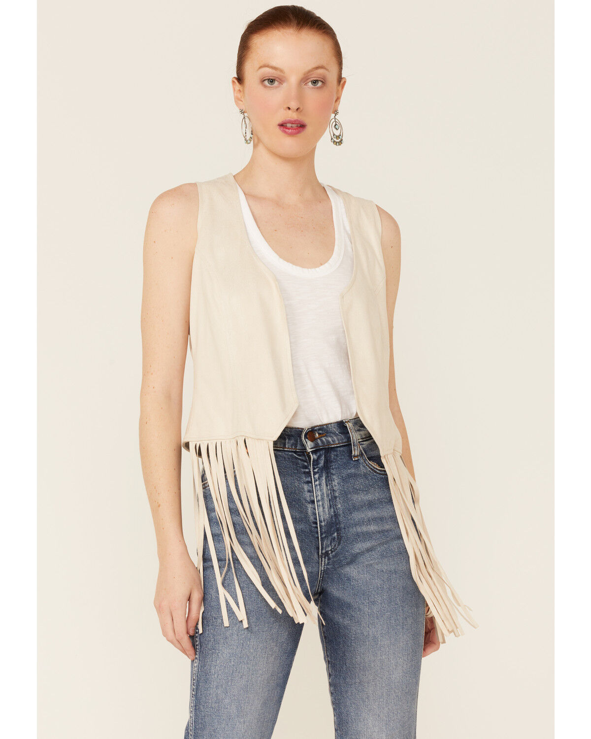 Image #1 - Roper Women's White Faux Suede Fringe Vest, , hi-res