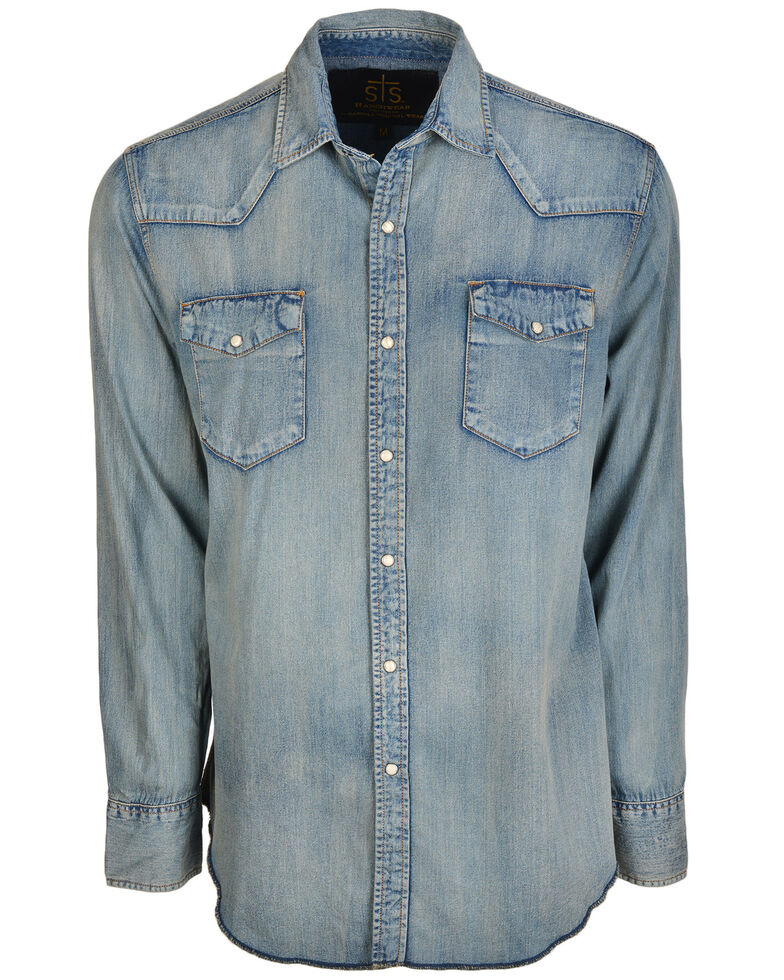 STS Ranchwear Men's Mcrea Denim Washed Long Sleeve Western Shirt , Blue, hi-res