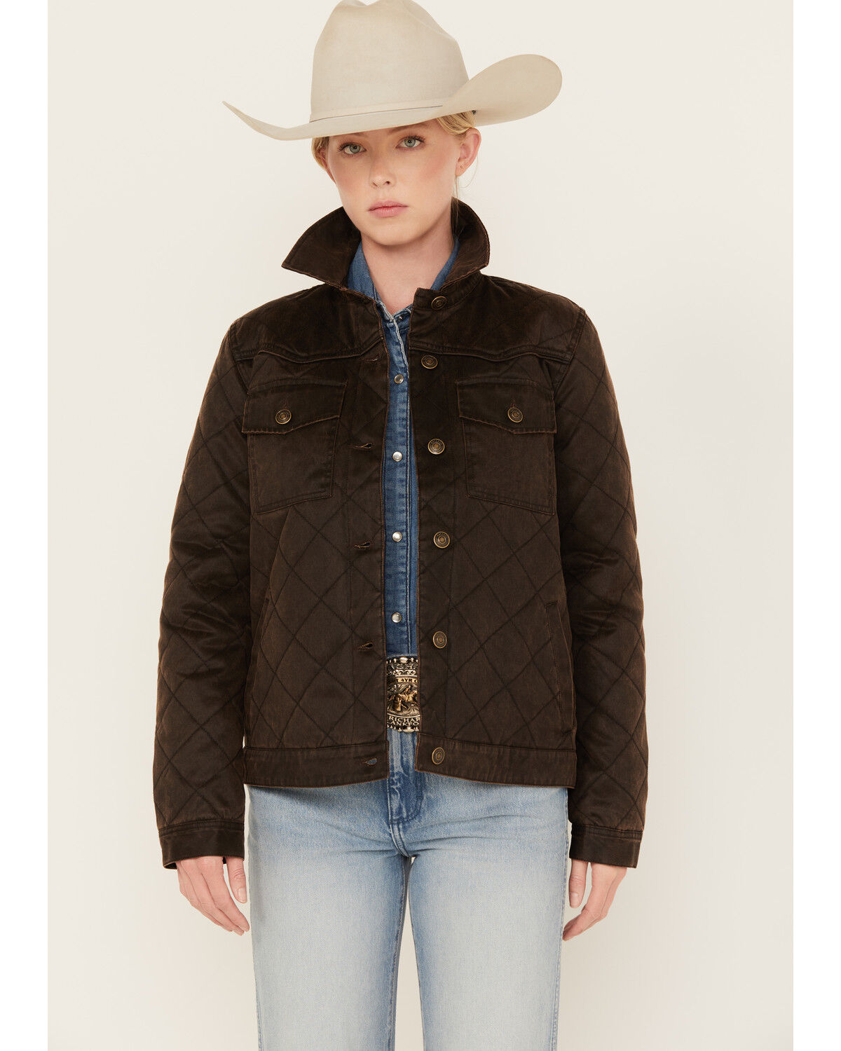 Image #1 - Shyanne Women's Quilted Faux Oil Skin Jacket, Medium Brown, hi-res