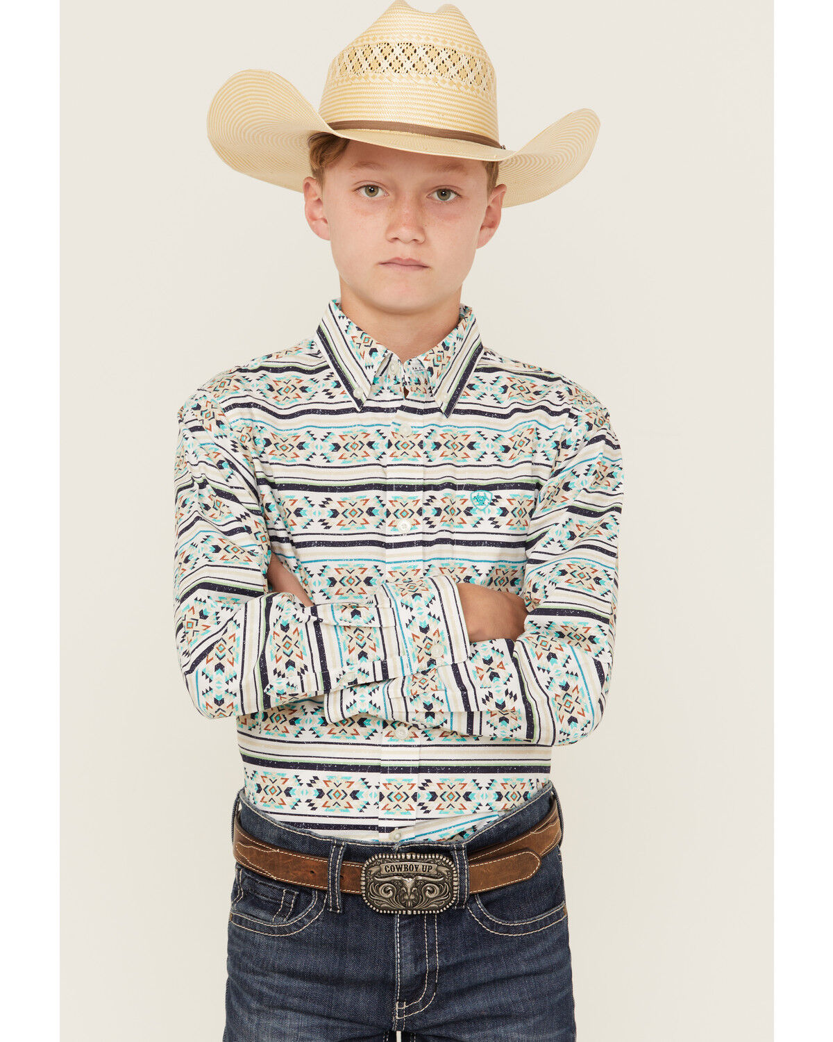 Image #1 - Ariat Boys' Southwestern Print Long Sleeve Button-Down Western Shirt, Teal, hi-res
