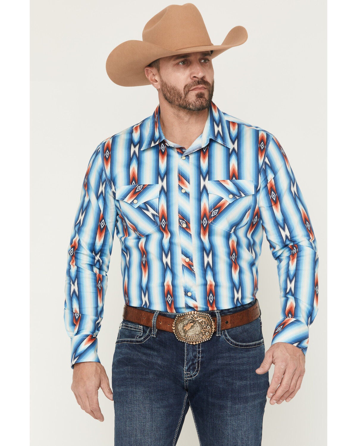 Rock & Roll Denim Men's Southwestern Striped Long Sleeve Snap Stretch Western Shirt, Blue, hi-res