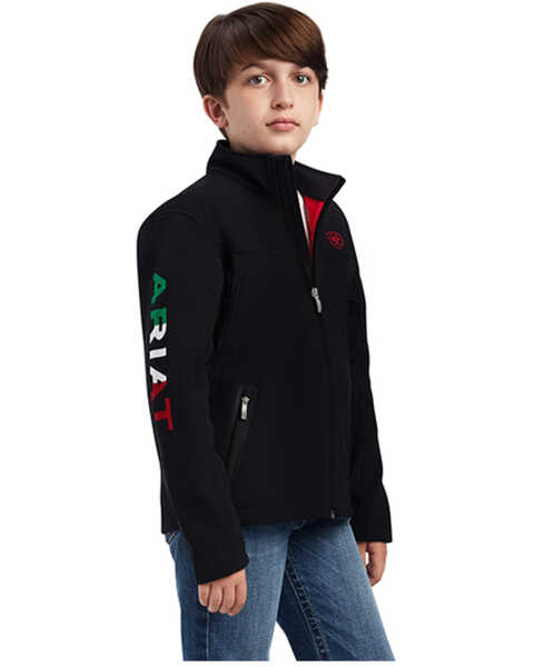 Ariat Boys' Mexico Flag Logo Embroidered Softshell Jacket, Black, hi-res
