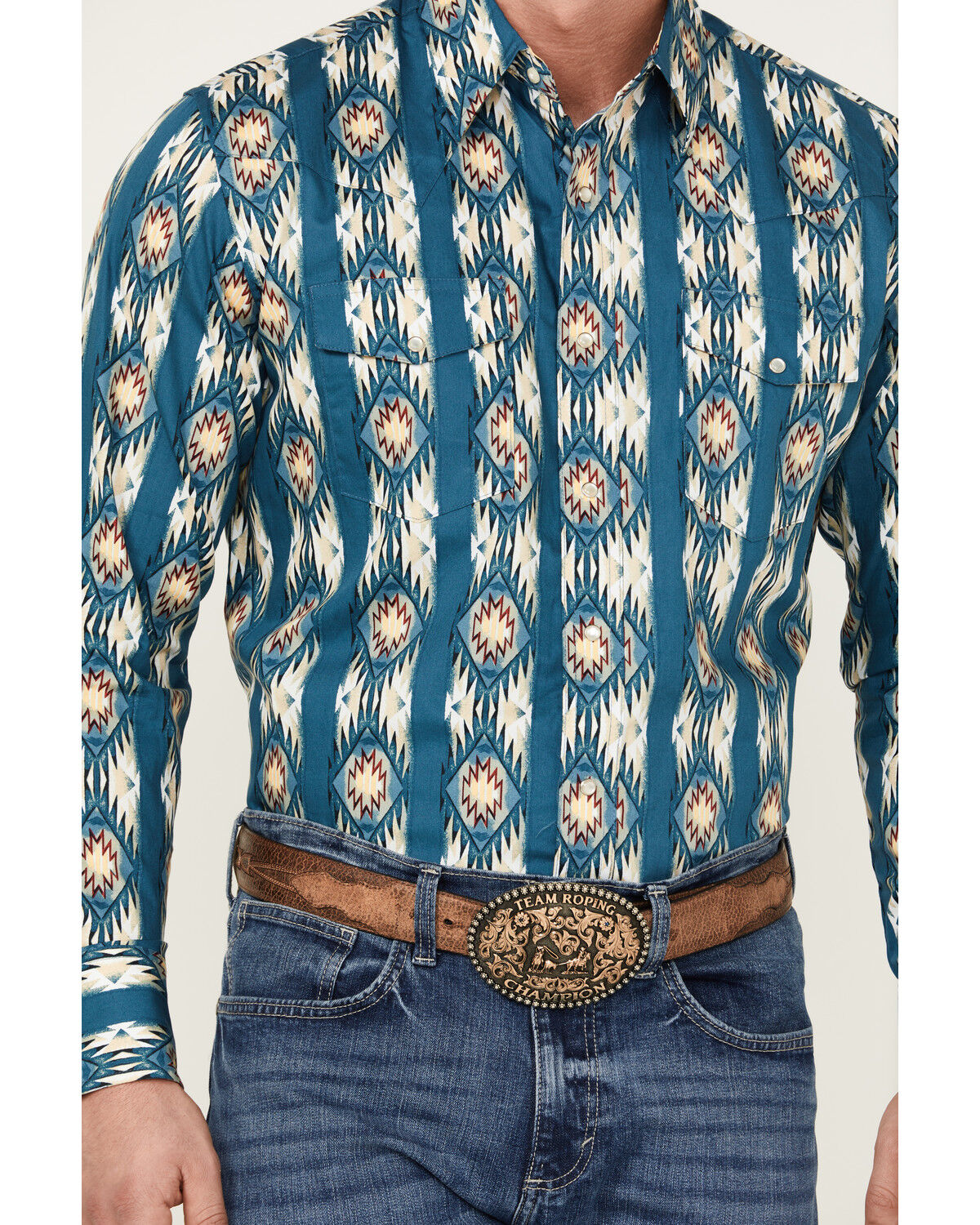 Image #3 - Wrangler Men's Checotah Long Sleeve Pearl Snap Western Shirt - Tall, Blue, hi-res