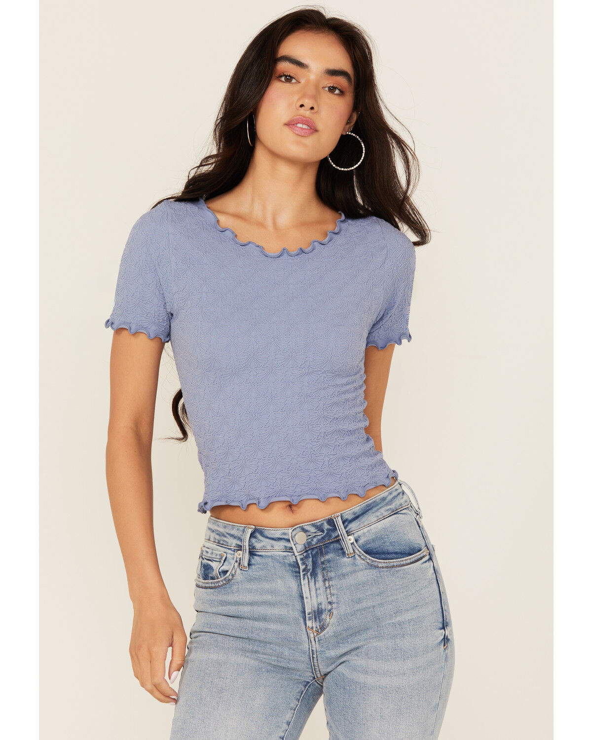Image #1 - Fornia Women's Solid Lettuce Edge Short Sleeve Tee, Blue, hi-res