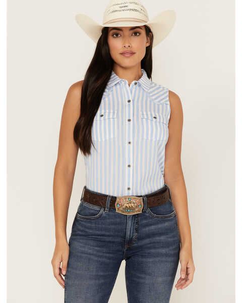 Image #1 - Ariat Women's Stripe Print Boom Boom Sleeveless Snap Western Shirt, , hi-res