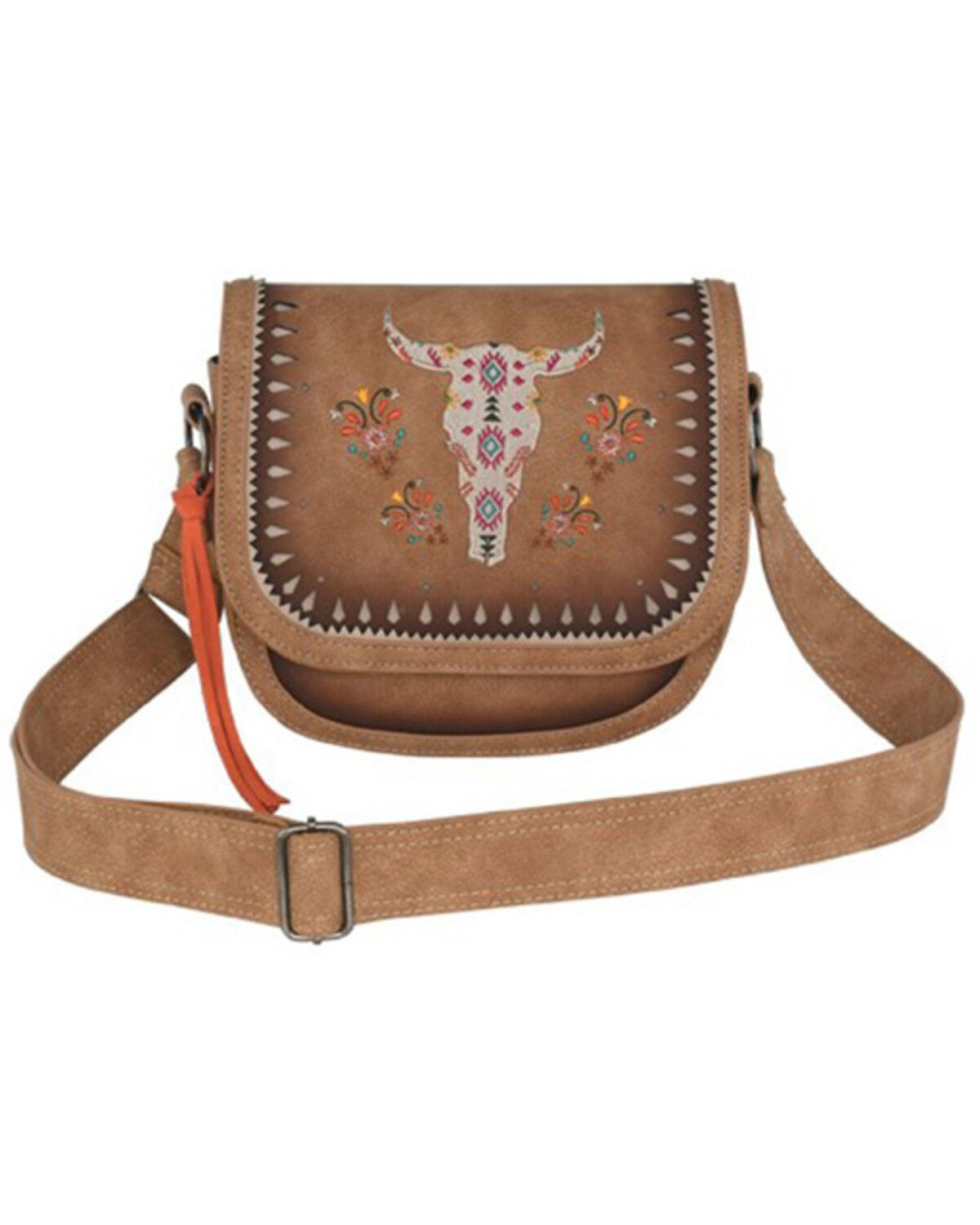 Image #1 - Catchfly Women's Long Horn Skull Embroidered Burnished Crossbody Bag, Brown, hi-res