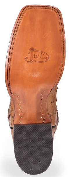 Justin Men's Cognac Waxy Full Quill Ostrich Cowboy Boots - Wide Square Toe , Cognac, hi-res