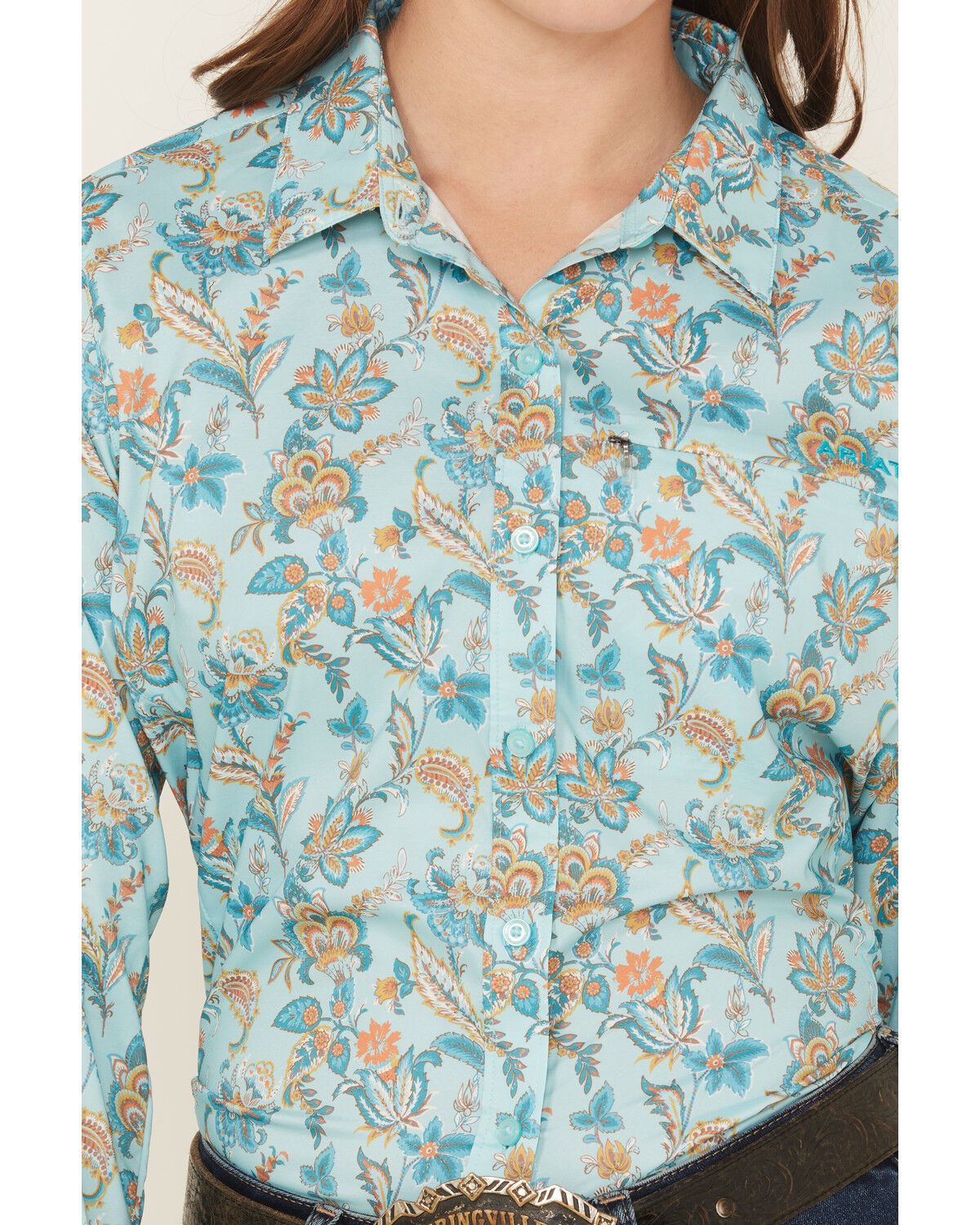 Image #3 - Ariat Women's VentTEK Floral Paisley Print Long Sleeve Button-Down Stretch Western Shirt, Turquoise, hi-res