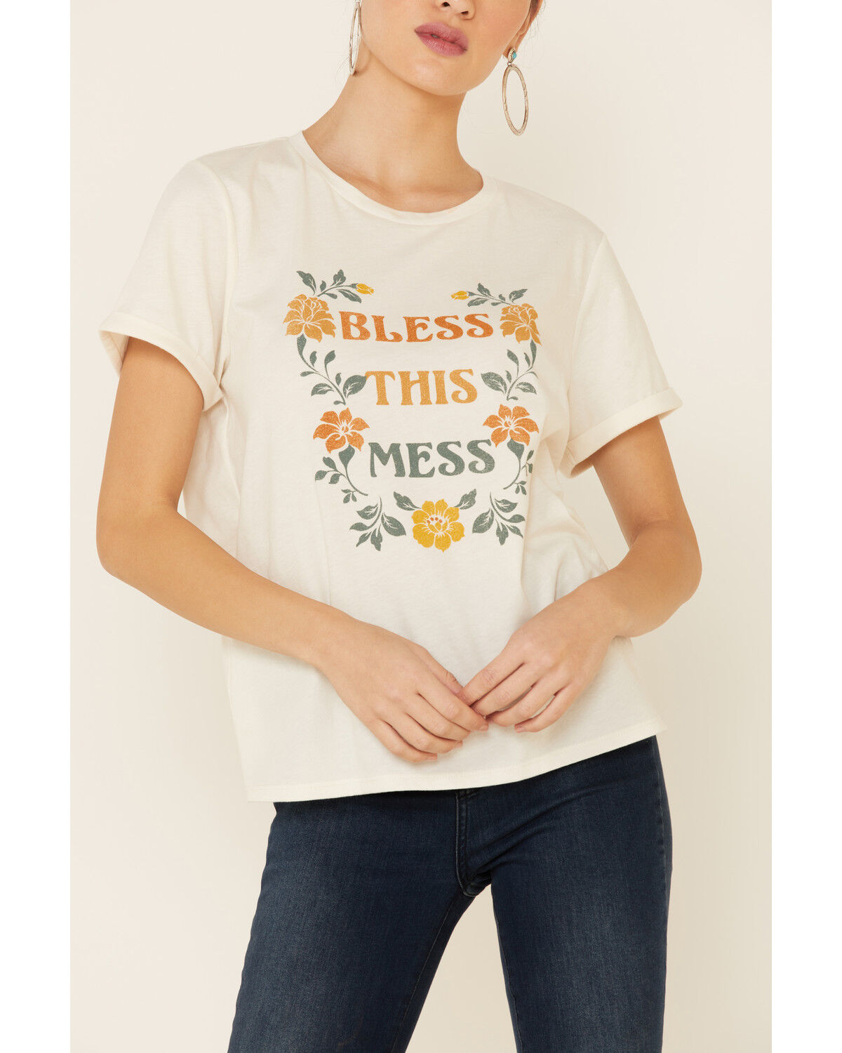 Image #3 - Cut & Paste Women's Bless This Mess Floral Graphic Short Sleeve Tee, Ivory, hi-res