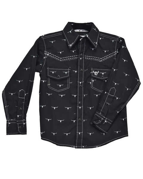 Cowboy Hardware Boys' Steerhead Print Long Sleeve Snap Western Shirt , Black, hi-res