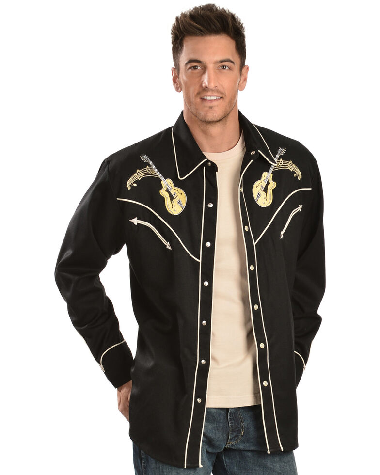 Scully Rock N Roll Guitar Embroidered Retro Western Shirt - Big & Tall, Black, hi-res