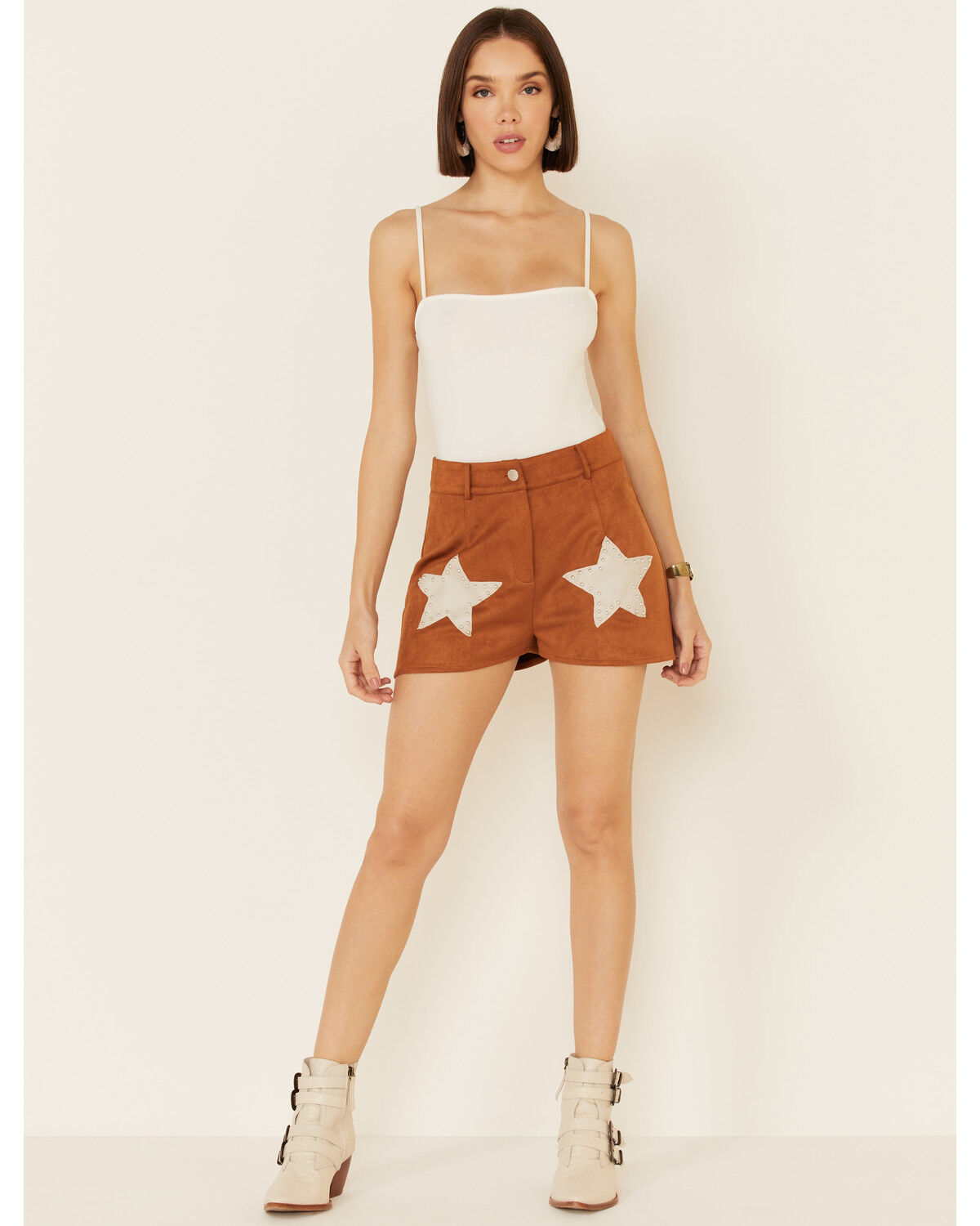 Image #1 - Saints & Hearts Women's Tan Faux Suede Star Shorts, Tan, hi-res