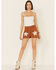 Image #1 - Saints & Hearts Women's Tan Faux Suede Star Shorts , Tan, hi-res